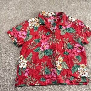 Sunset‎ Cove Petite Red Floral Hawaiian Button Up Shirt Top Blouse Magnum PI
